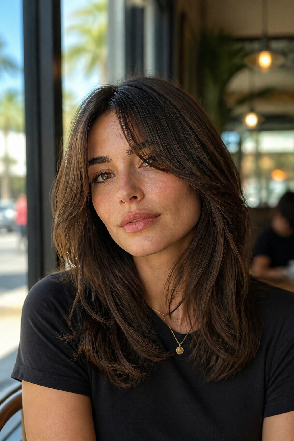 Close-up portrait of a woman with curtain bangs and long layers in a sunlit cafe setting