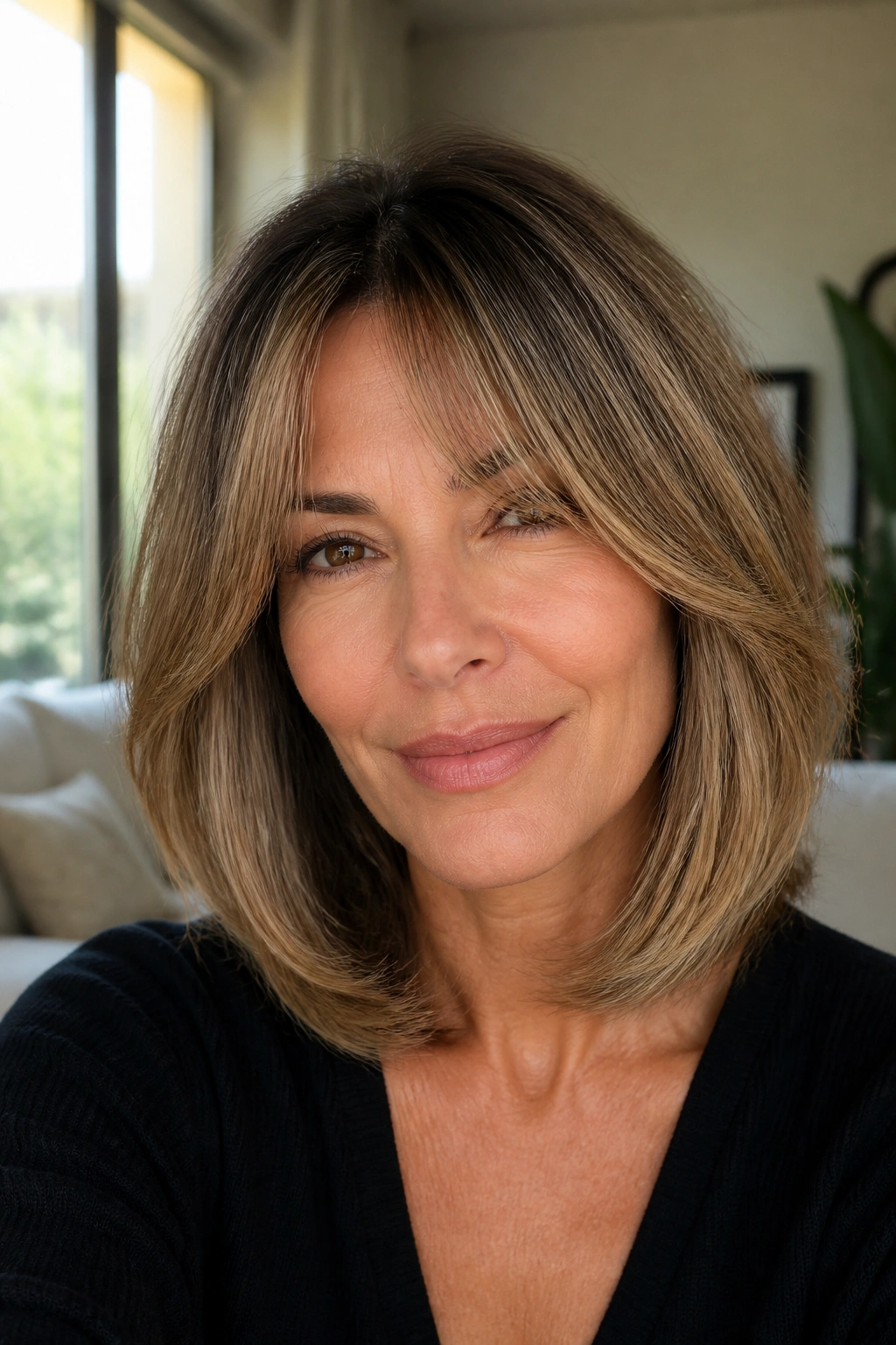 Close-up portrait of a real woman with curtain bangs and lob.