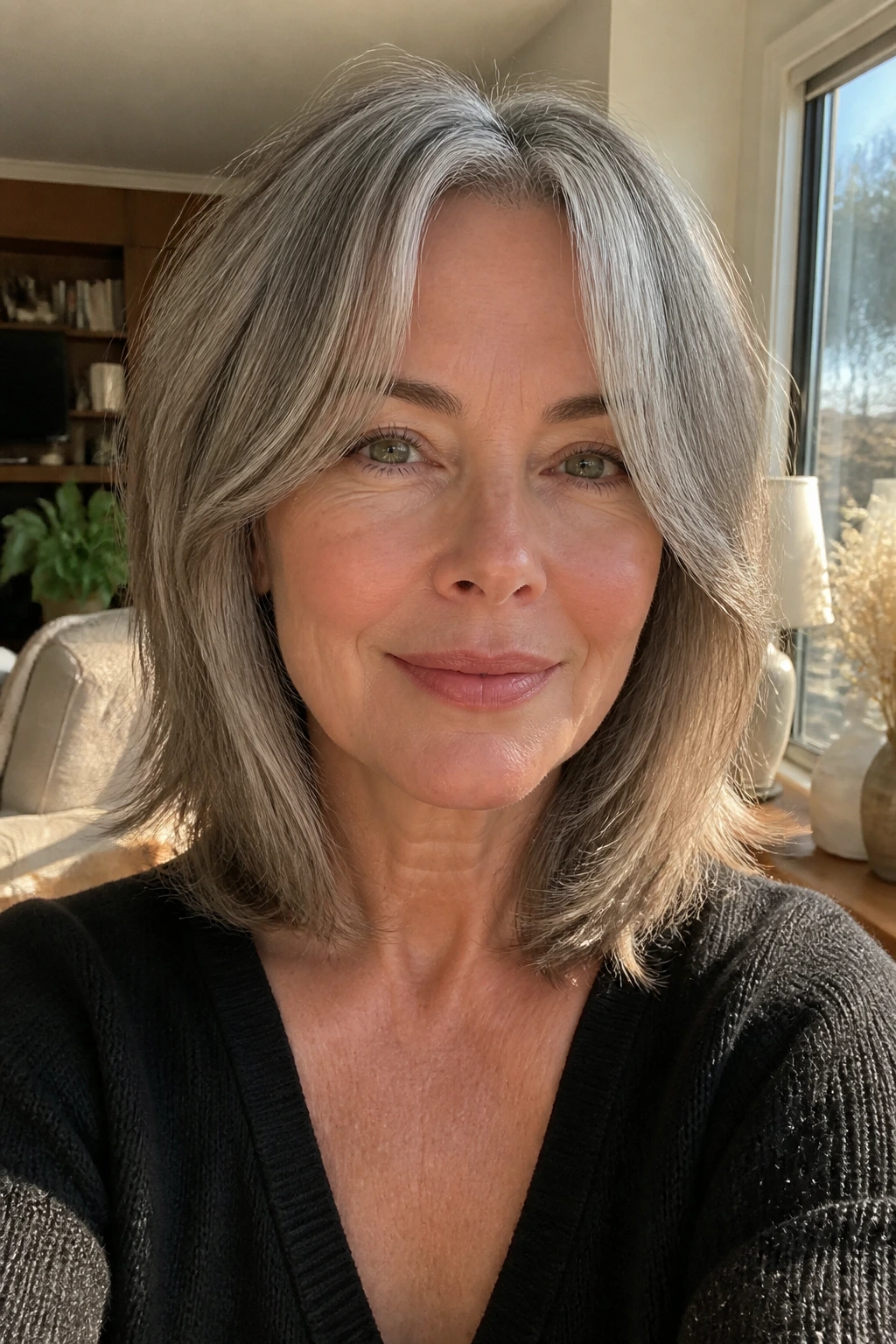 Close-up portrait of a real woman with curtain bangs on a lob hairstyle.