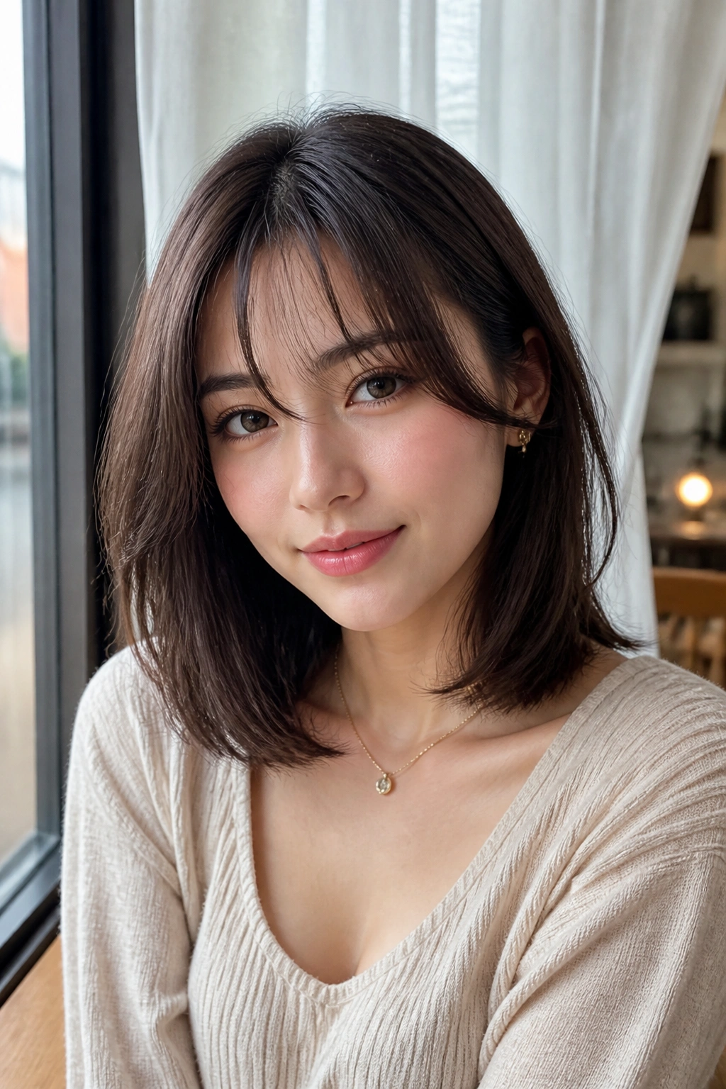 Close-up of a real person with airy curtain bangs and shoulder-length lob in cafe window light