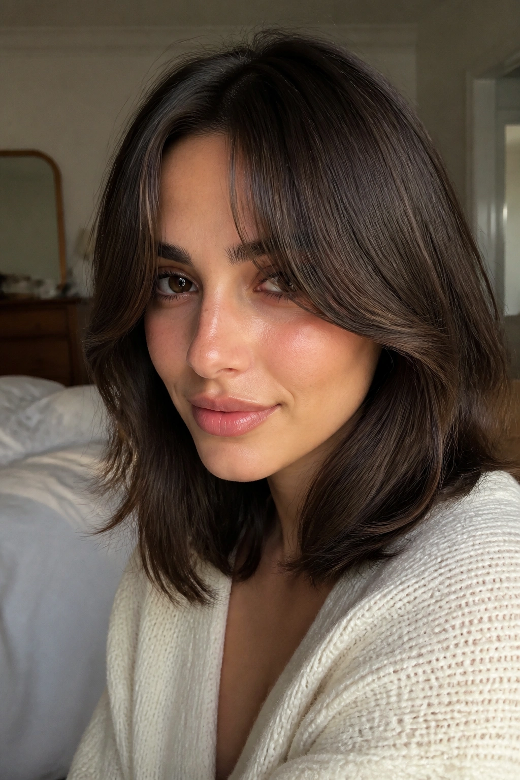 Portrait of a person with curtain bangs and shoulder-length lob.