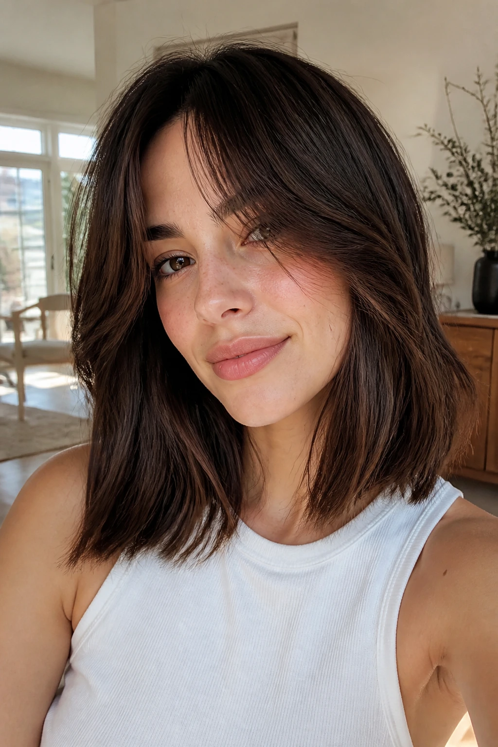 Close-up portrait of a real woman with curtain bangs and lob hairstyle
