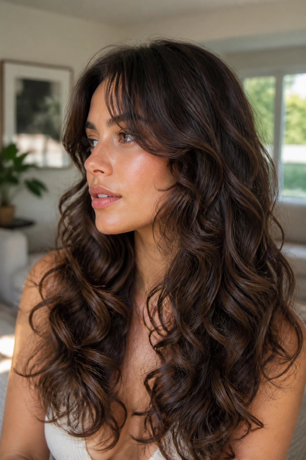 Close-up of a woman with curtain bangs and long curls
