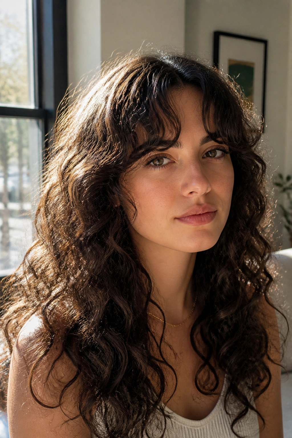 Close-up of a real woman with long curly hair and curtain bangs