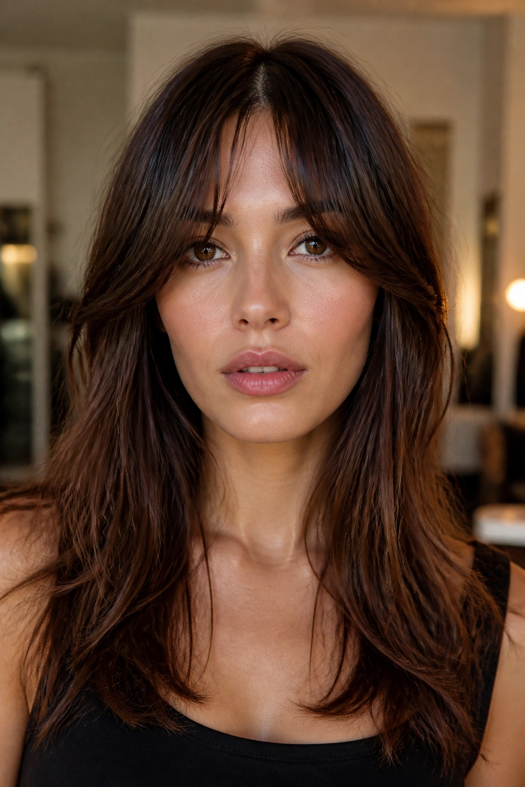 Portrait of a woman with curtain bangs creating a soft V shape and framing a long face