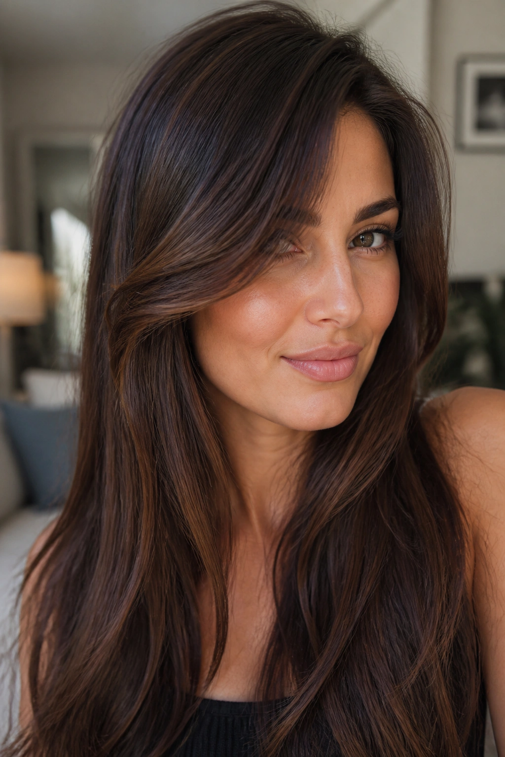 Close-up of a real woman with deep side-part curtain bangs and long hair framing the face