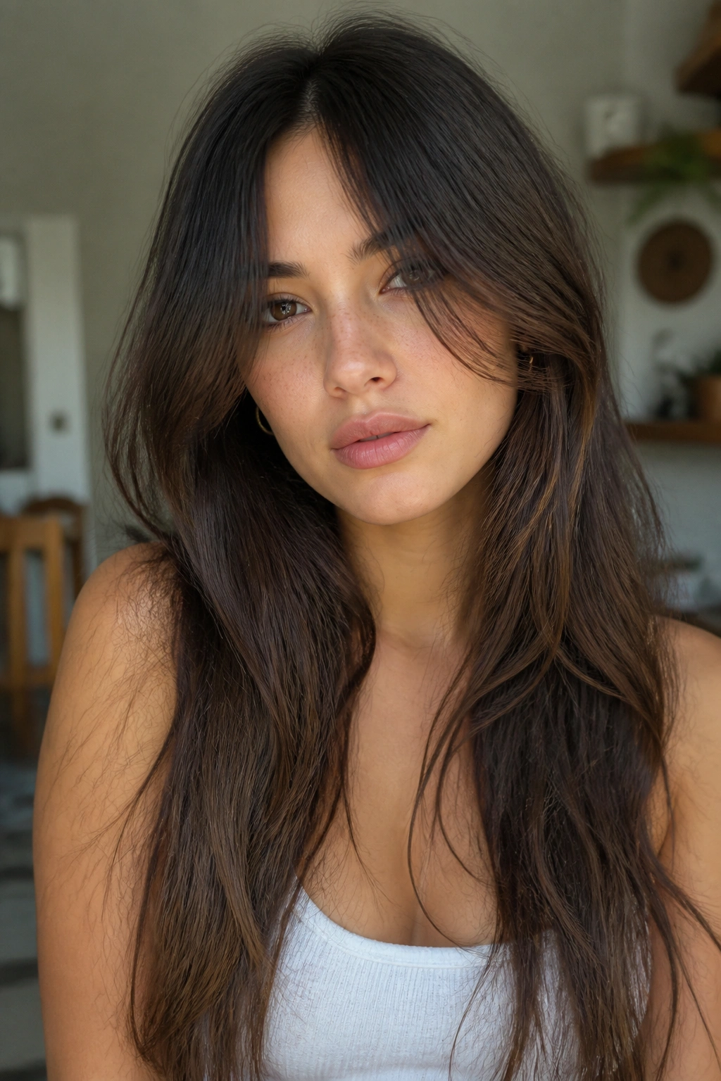 Real woman with long curtain bangs blending into long hair