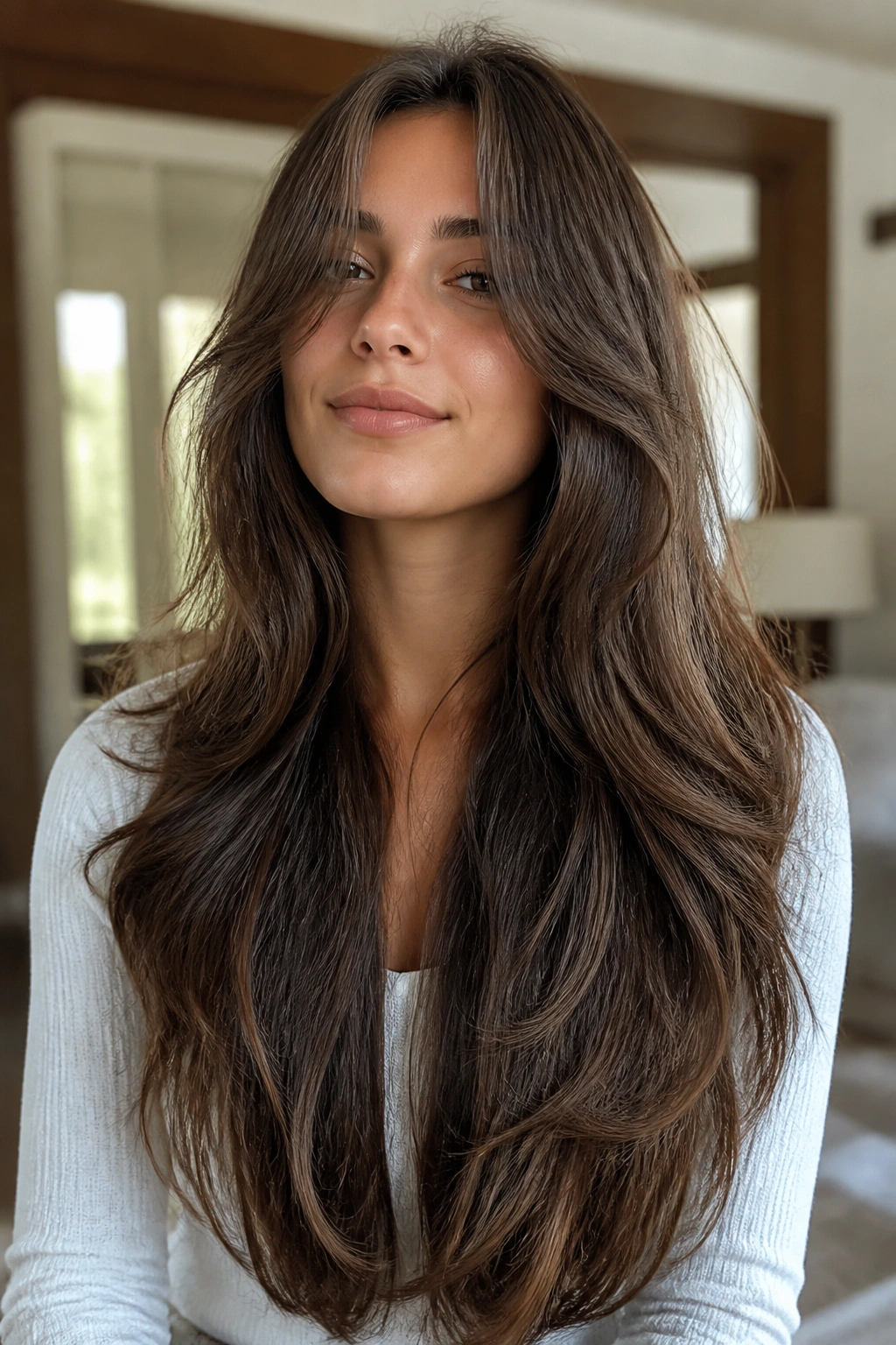 Portrait of a real woman with curtain bangs blending into waist-length layers.