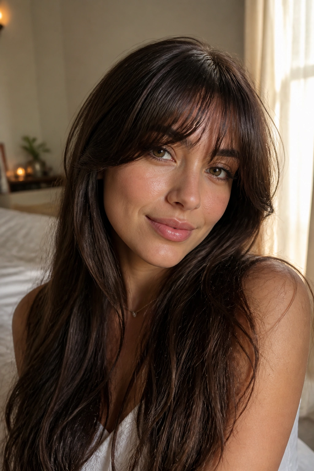 Close-up portrait of a real woman with brow-skimming curtain bangs on long hair in a cozy bedroom