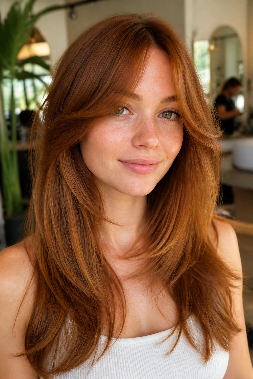 Close-up portrait of a real woman with curtain bangs and long layers in ginger-red hair