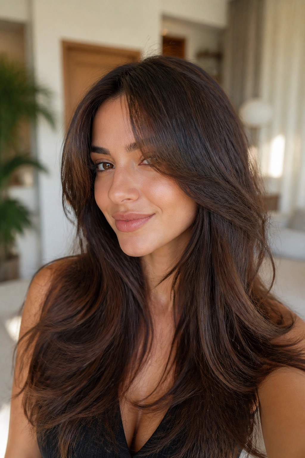 Real woman wearing curtain bangs with long layered hair.
