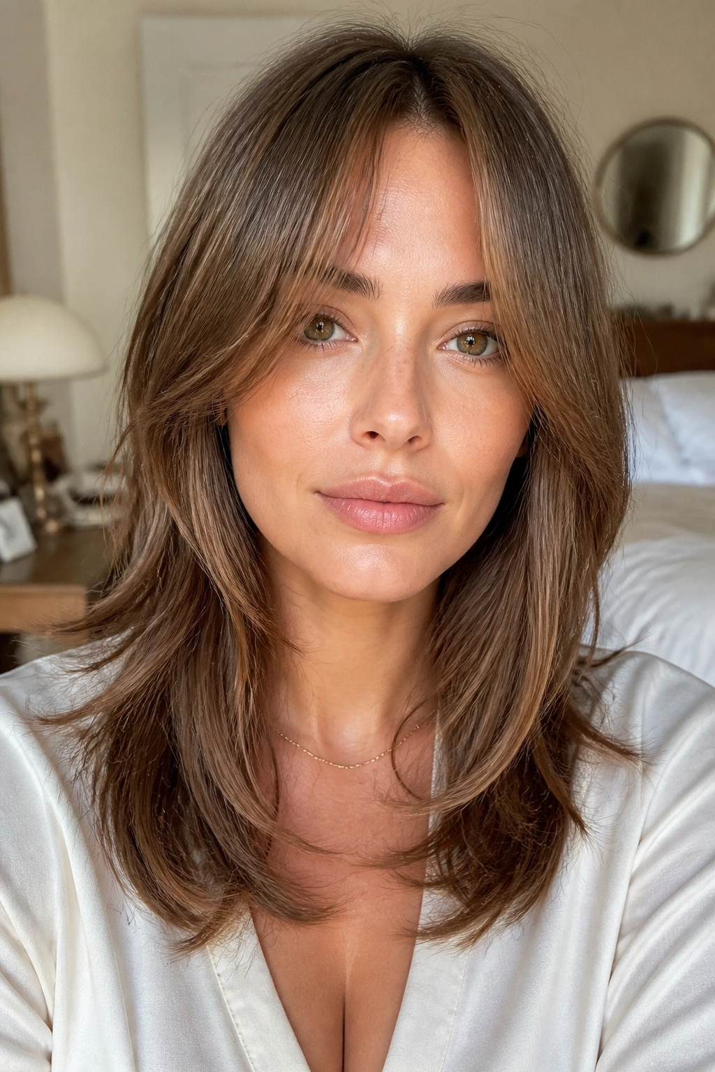 Close-up of a real woman with curtain bangs and long layers framing the face.