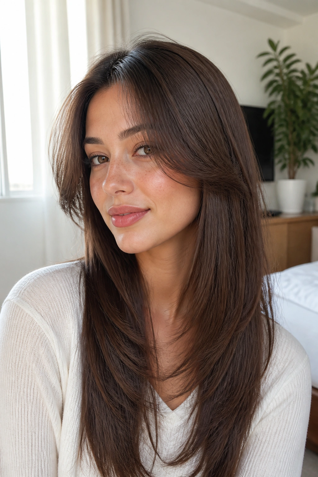 Close-up portrait of a real woman with curtain bangs and long layers, natural light