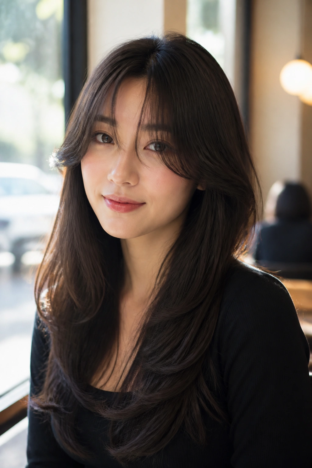 Real woman with soft curtain bangs and long layers in a sunlit cafe setting