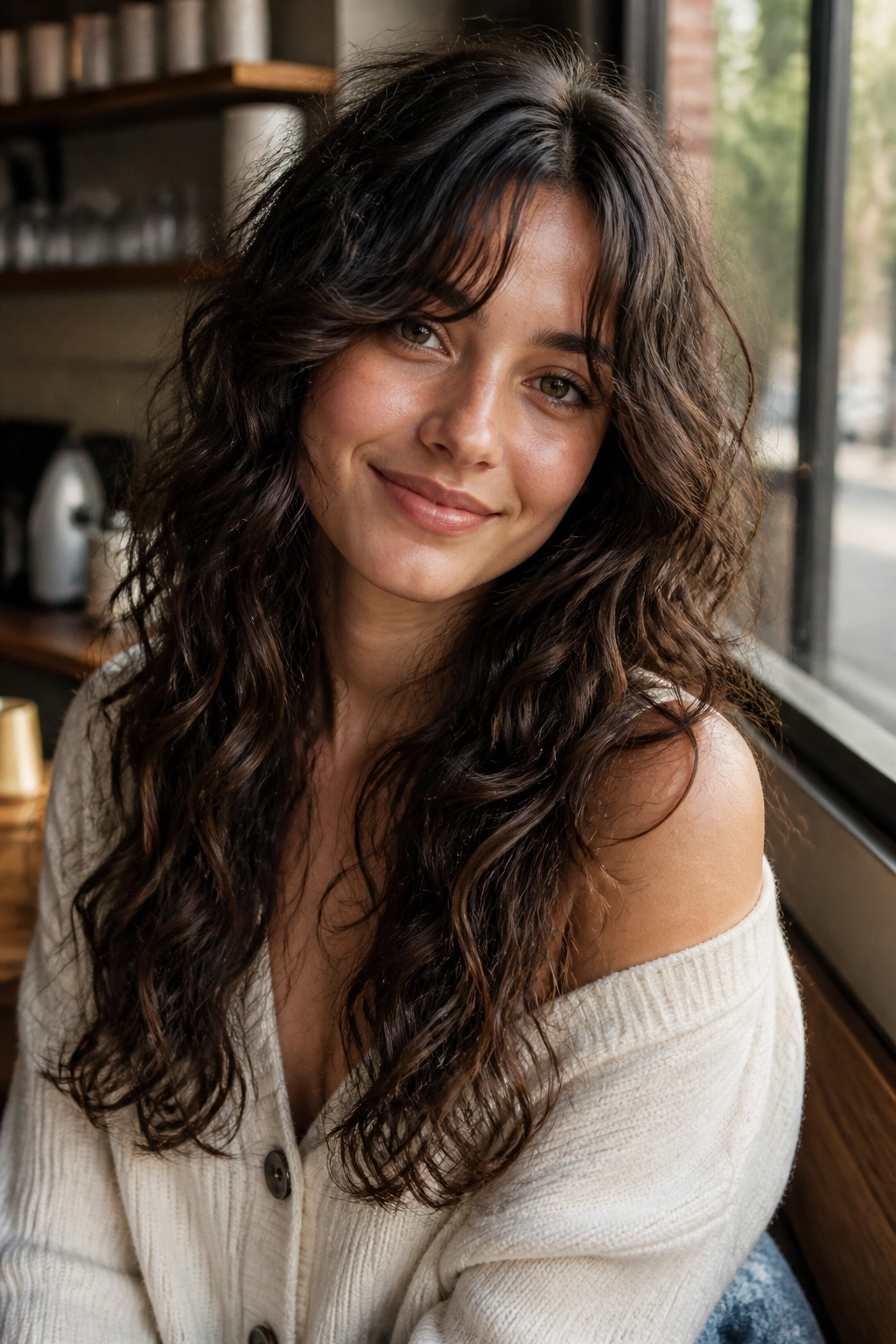 Woman with curtain bangs and long layers in warm daylight