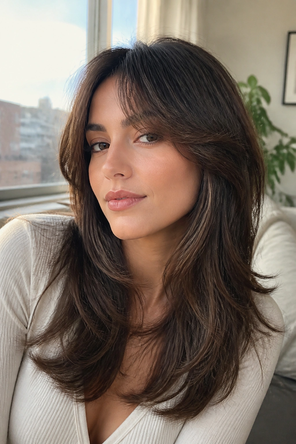 Portrait of a real woman with curtain bangs and long layers for diamond face shapes