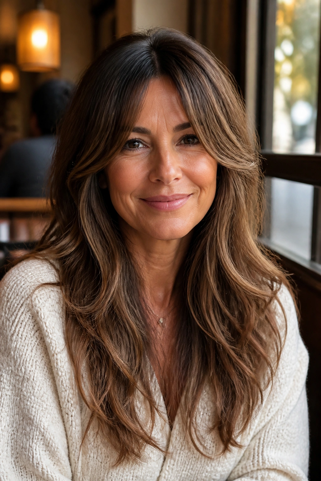 Close-up of curtain bangs with long layers framing the face.