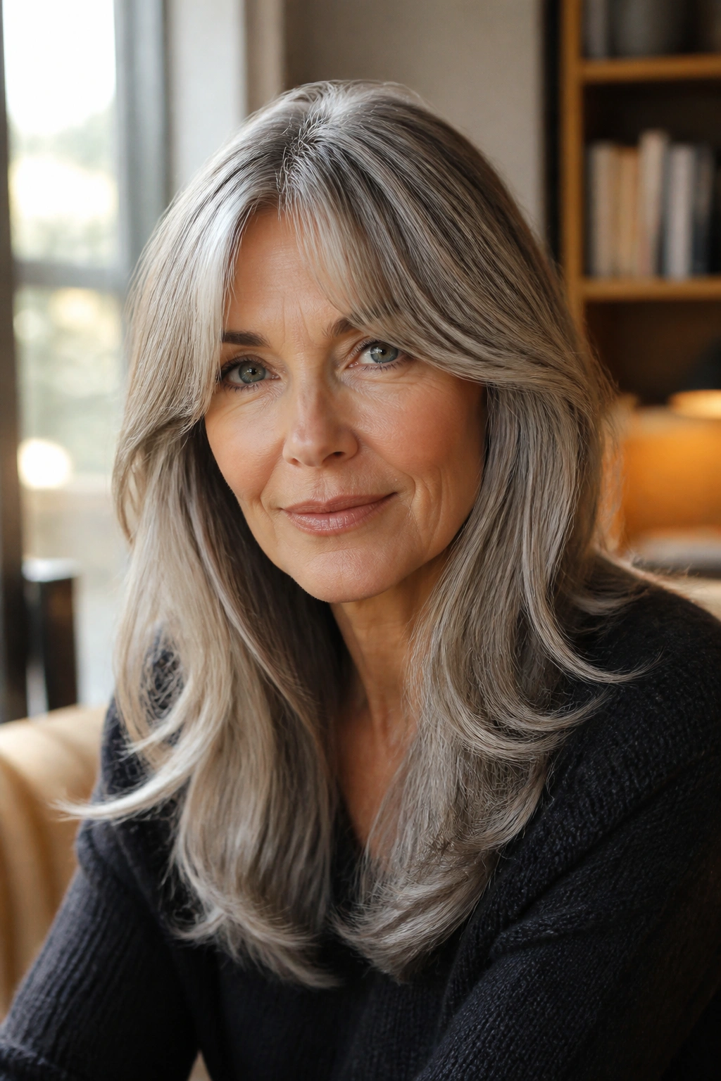 Close-up portrait of a real woman with curtain bangs and long layers blending gray roots into silver