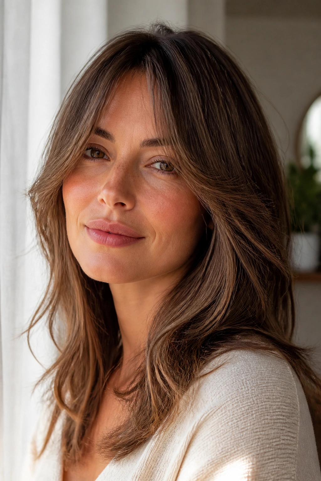 Portrait of a real woman with curtain bangs blending into long layered hair, lit by warm window light.