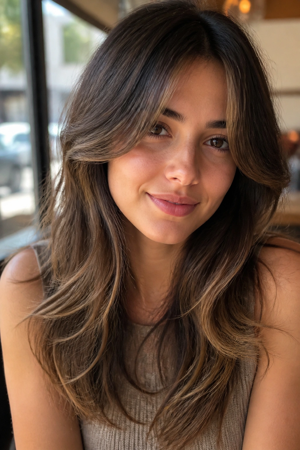 Close-up of a woman with curtain bangs and long layers in sunlit cafe light