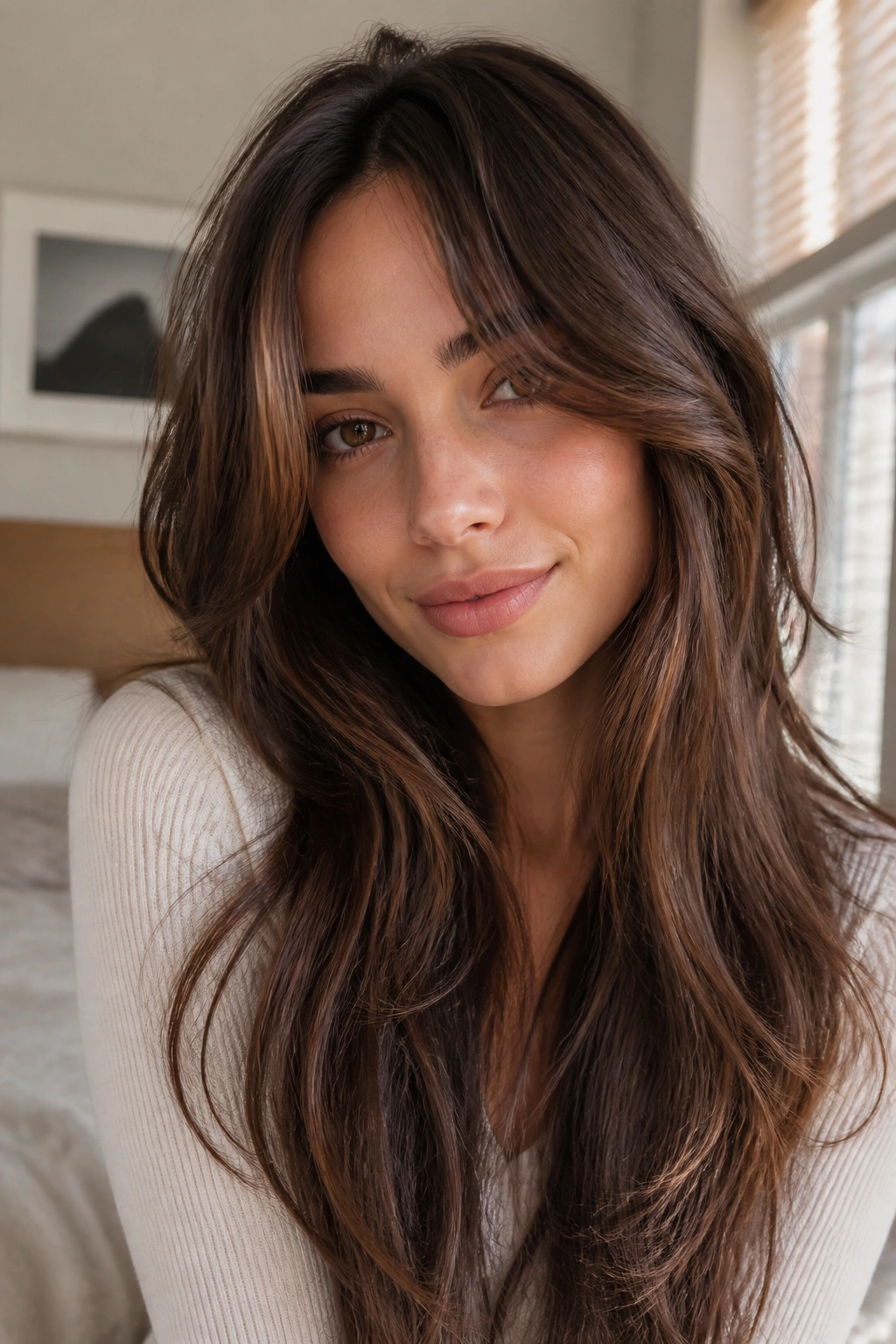 Close-up of a real woman with curtain bangs and long layered hair in warm window light.