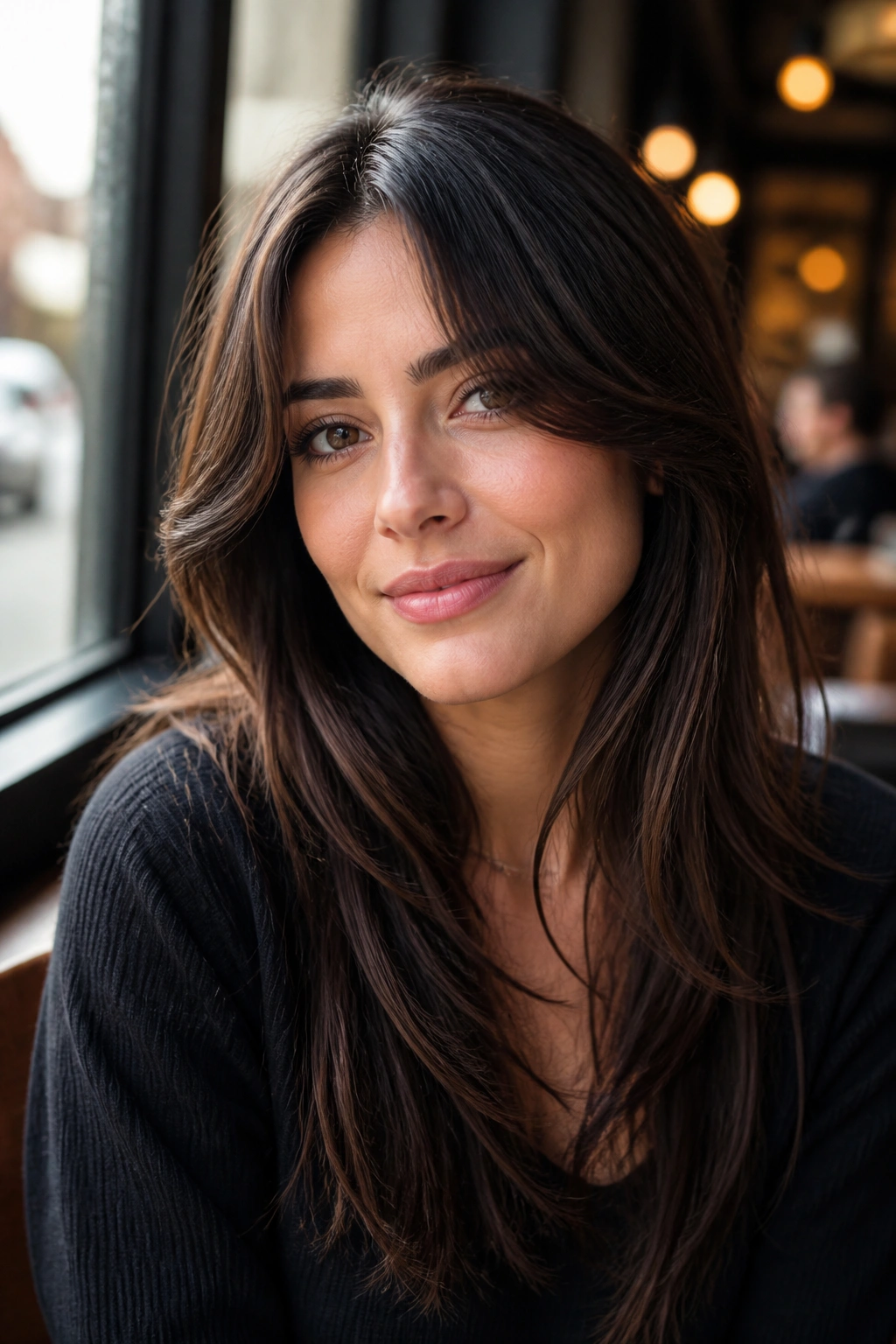 Portrait of a real woman with curtain bangs and long layers in a sunny cafe setting.