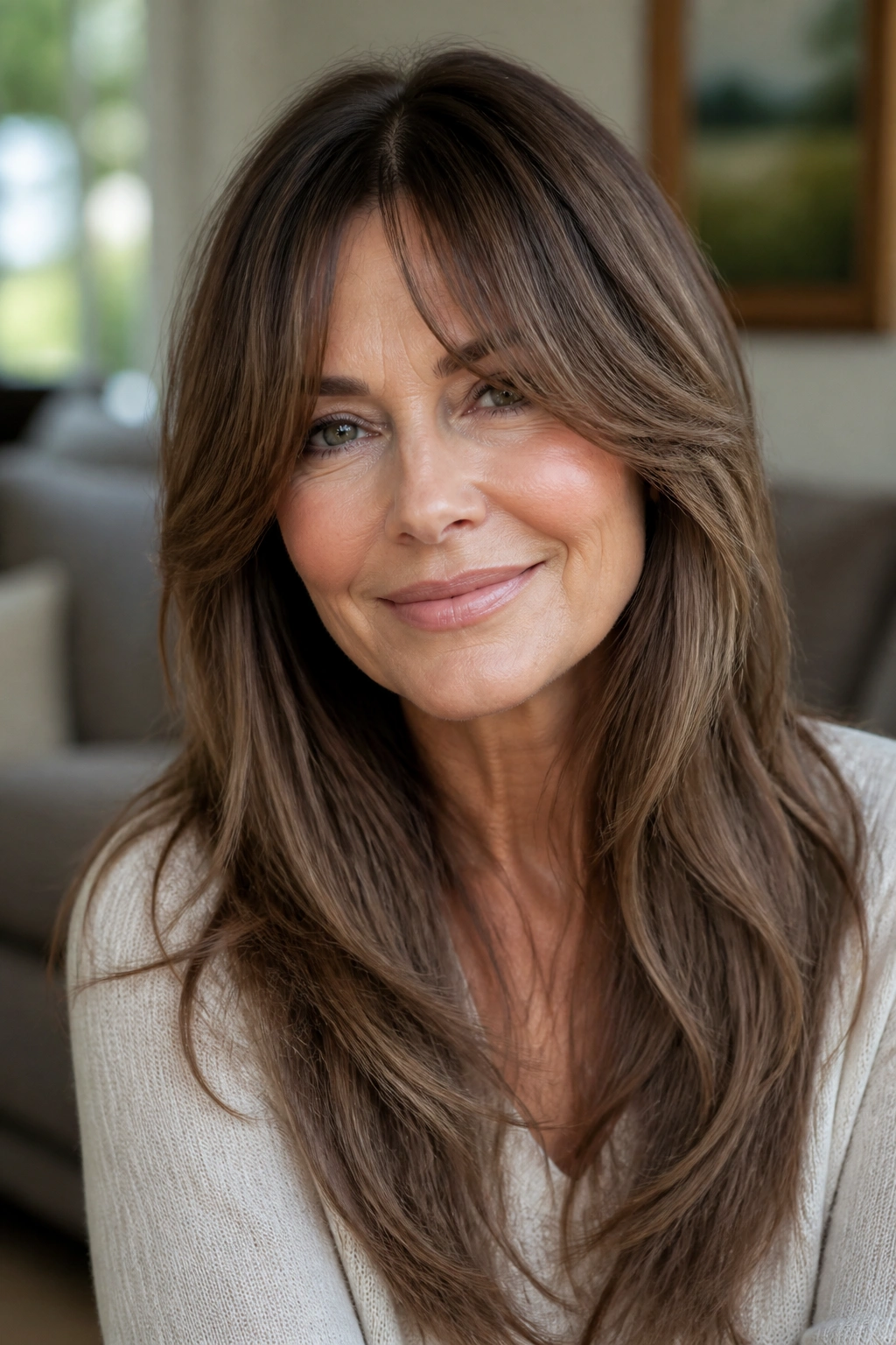 Close-up of a woman with curtain bangs and long layers