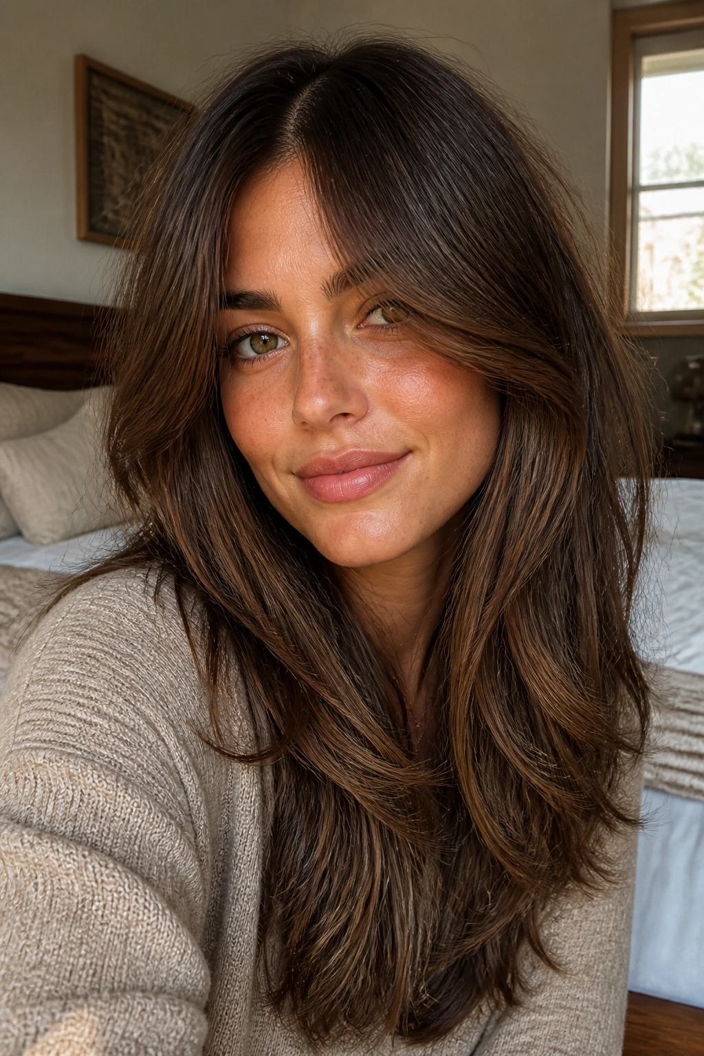 Close-up of a real woman with curtain bangs and long layers in warm natural light