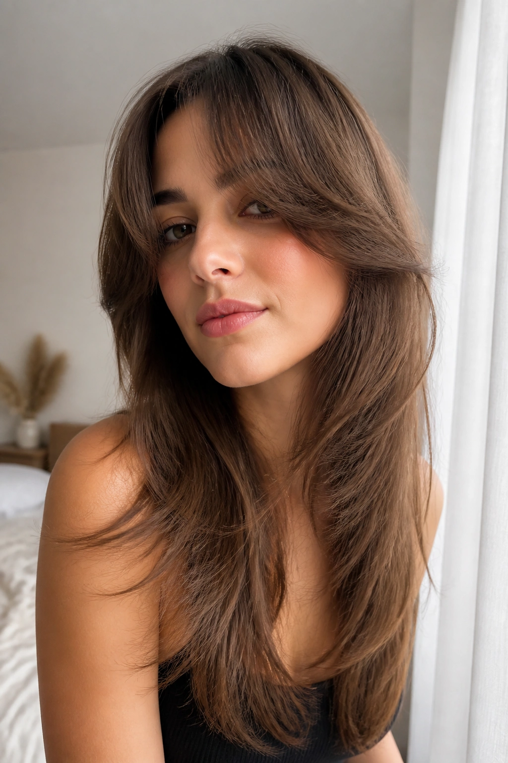 Real woman with curtain bangs and long layers in natural morning light