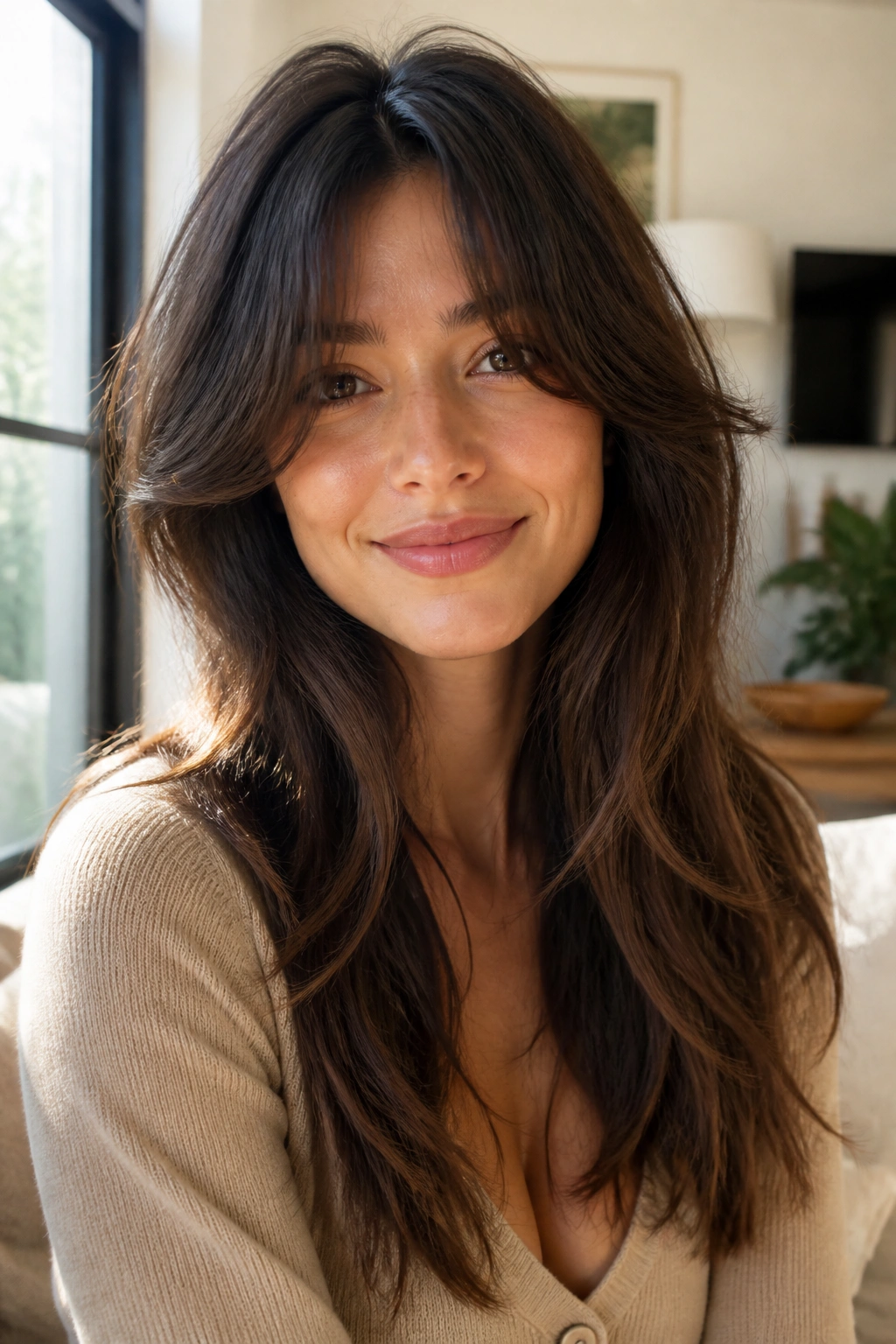 Close-up of a real woman with curtain bangs and long layers framing her face