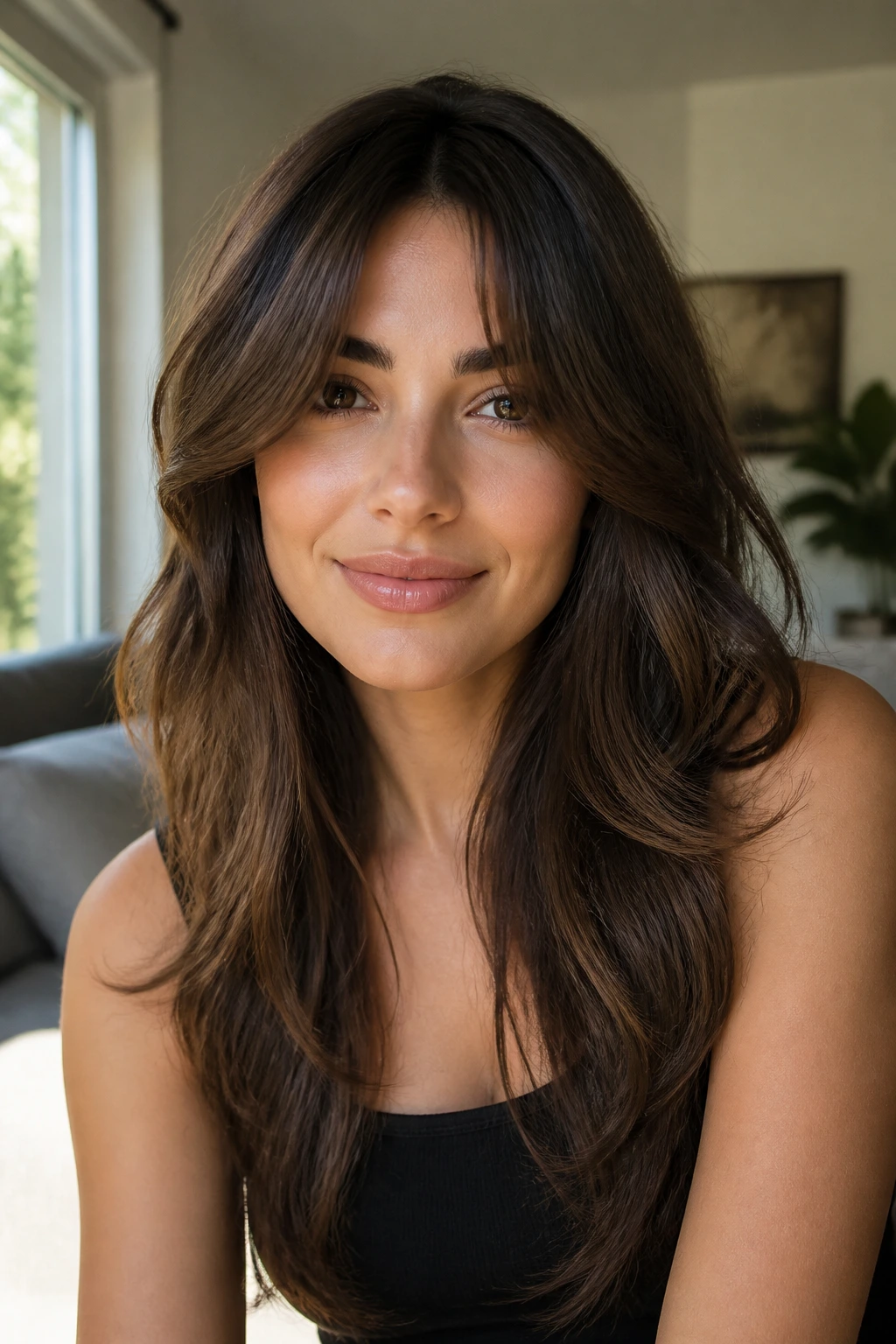 Close-up of a real woman with curtain bangs and long layers