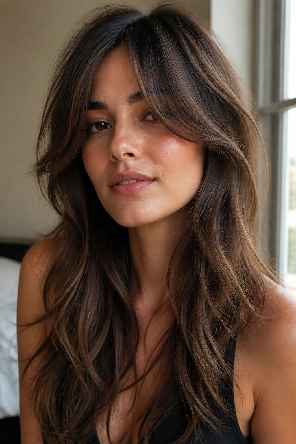 Close-up portrait of a real person with curtain bangs and long shag.
