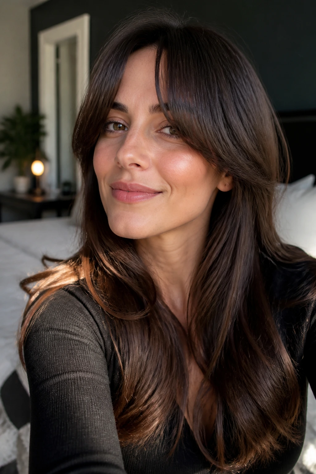 Portrait of a woman showing curtain bangs with long tapered sides framing her face.