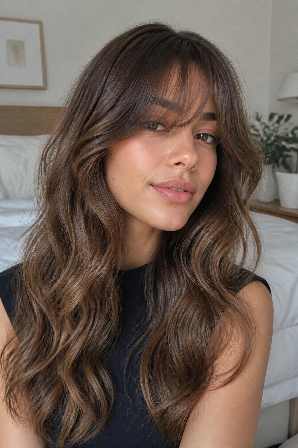 Woman with curtain bangs and long soft waves, close-up portrait