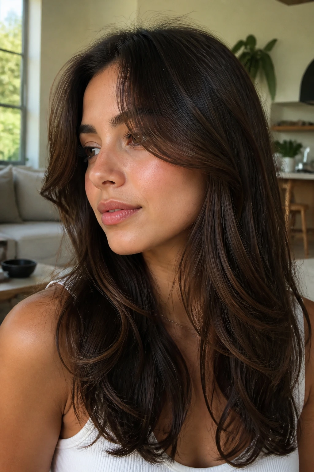 Close-up of a real woman with curtain bangs and soft bends