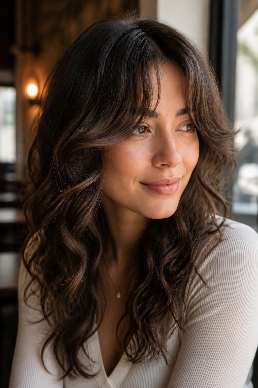 Real woman with curtain bangs and loose curls in a warm cafe setting