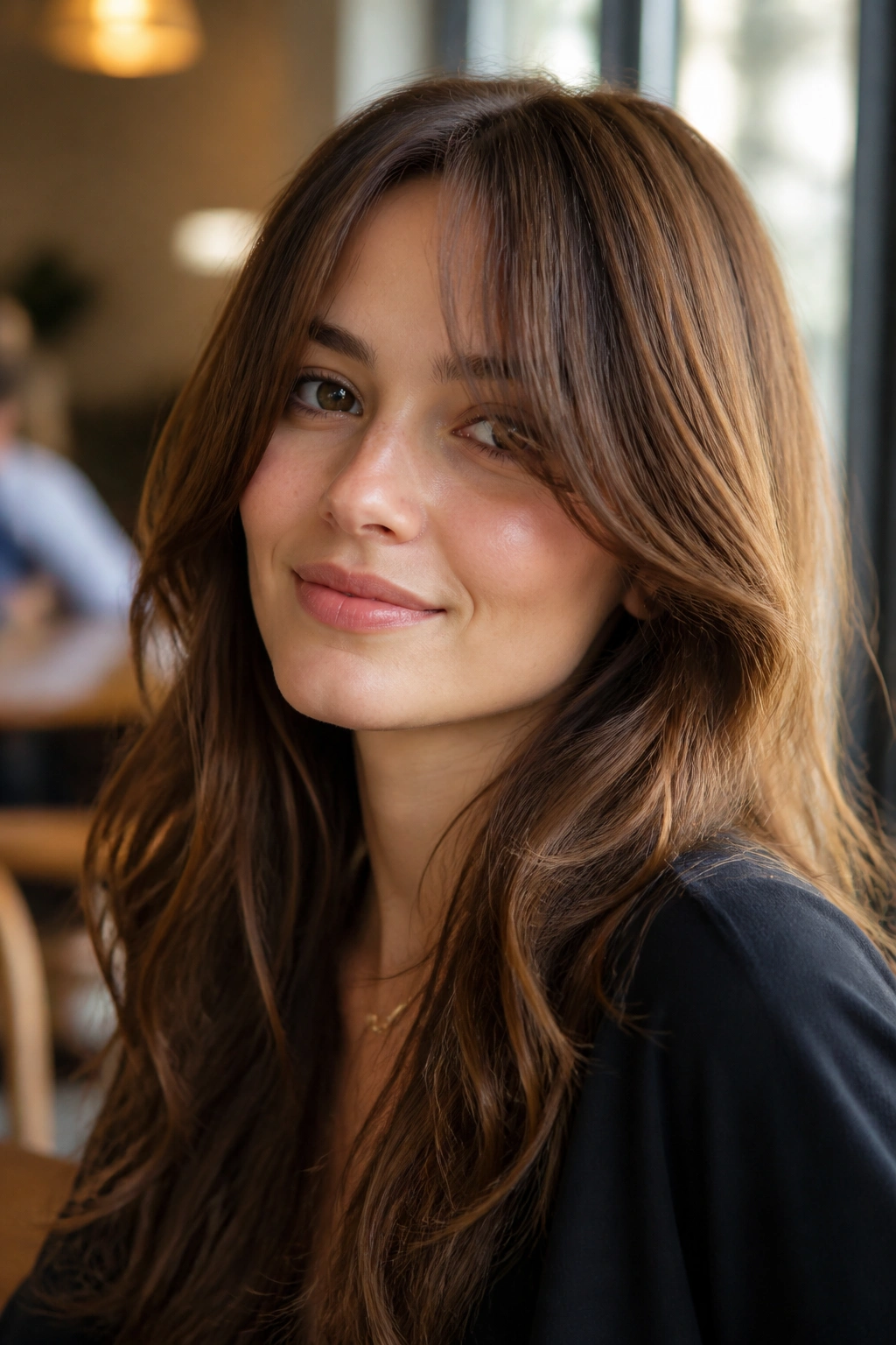 Close-up of curtain bangs with loose length on a real person