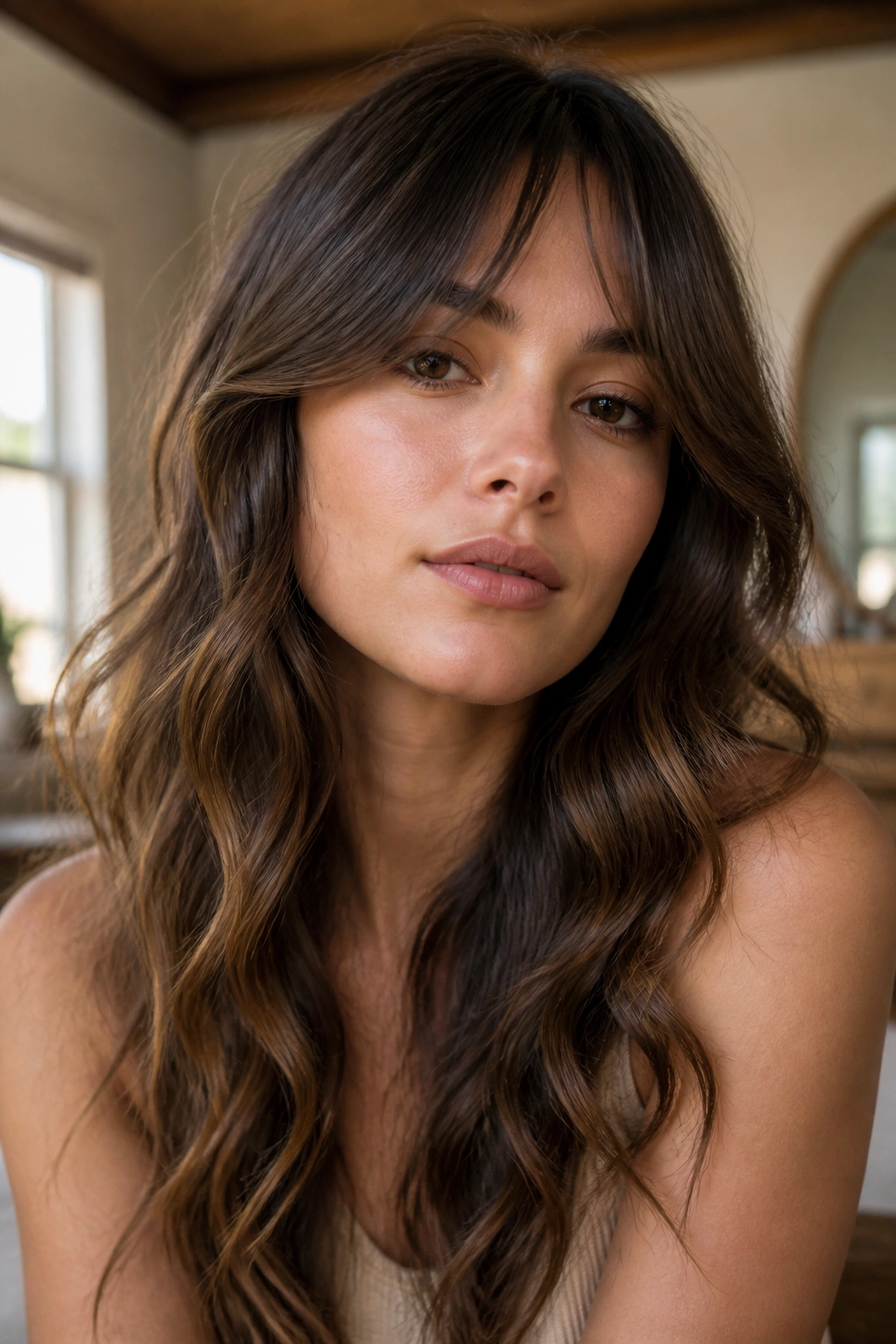 Close-up of a real woman with curtain bangs and loose waves in warm light
