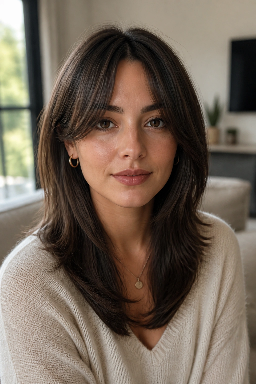 Close-up of a real person with curtain bangs and medium-length layers