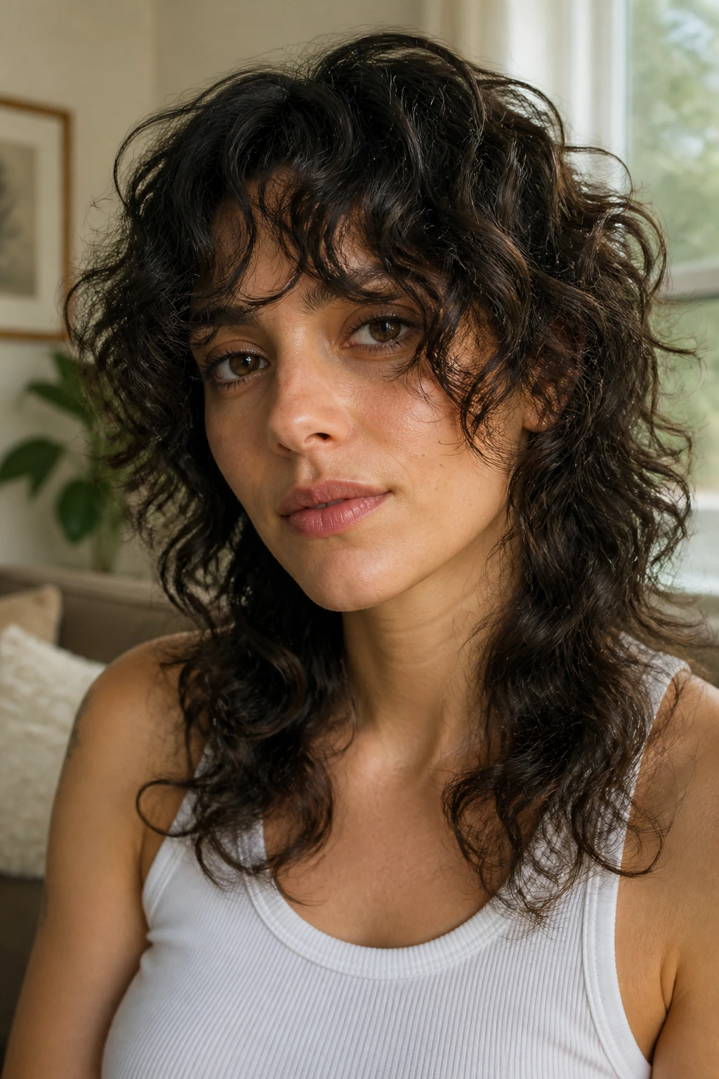 Close-up portrait of a real woman with curly curtain bangs blending into a medium shag