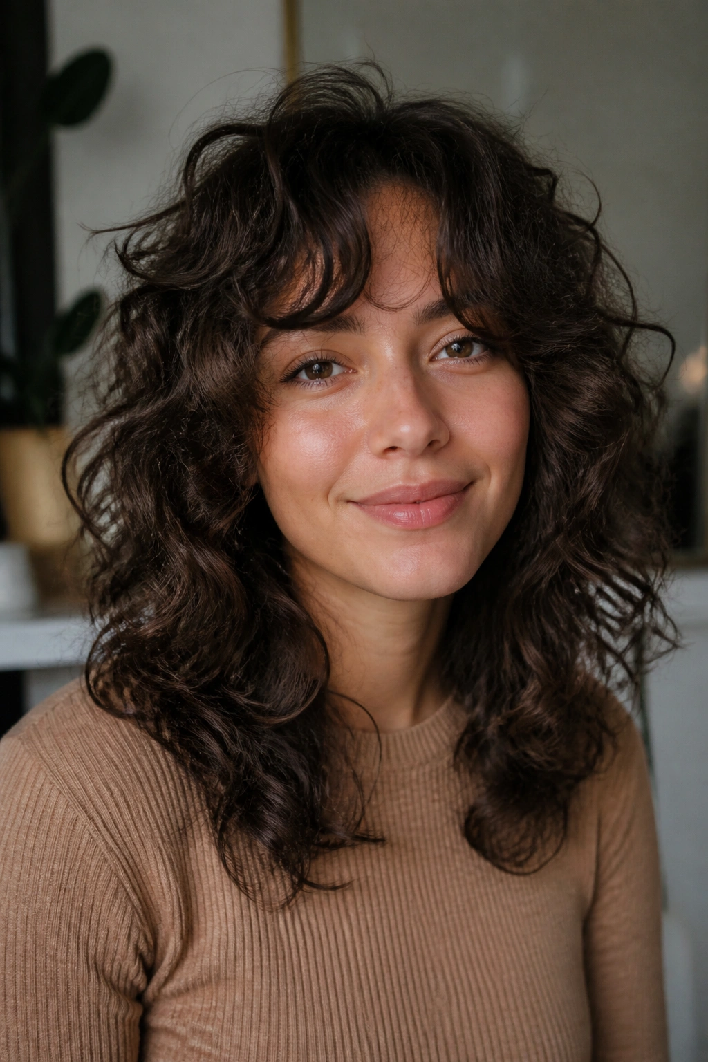 Close-up portrait of a real woman with curtain bangs and mid-length layers