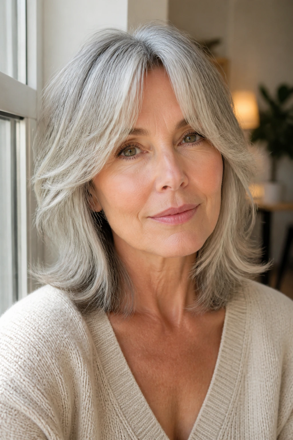 Portrait of a real woman with curtain bangs and mid-length gray hair