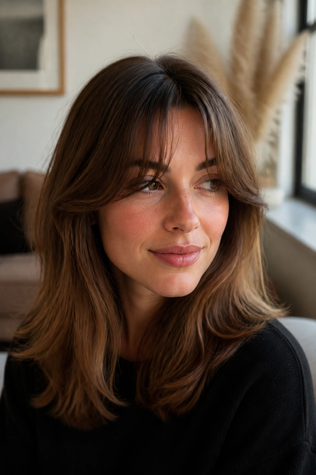 Real woman with curtain bangs and mid-length hair in cozy window light