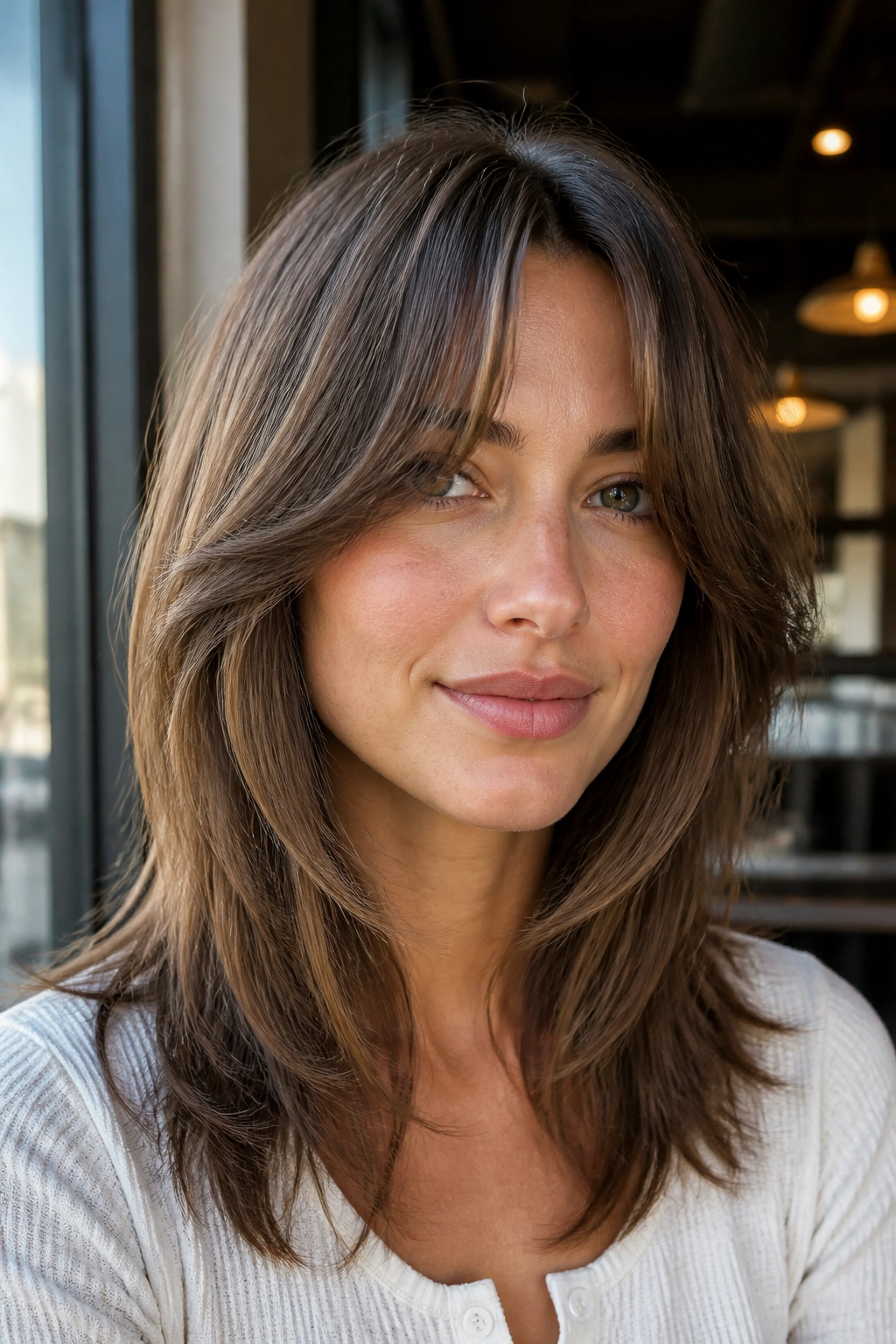 Real woman with curtain bangs and mid-length layers.
