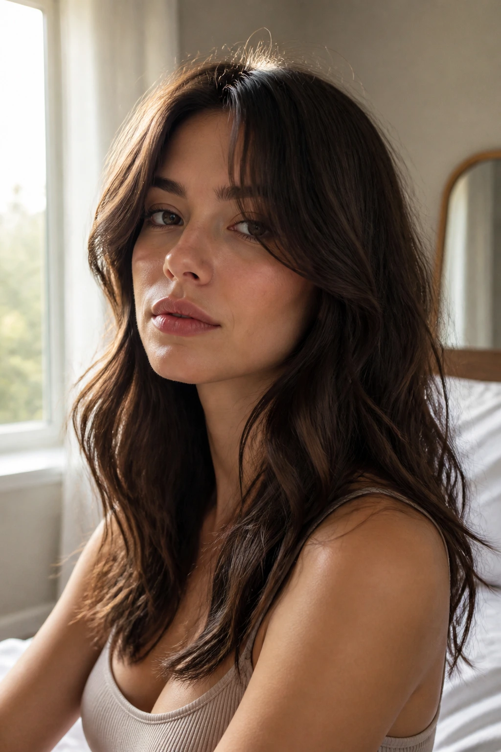 Close-up of a real woman with curtain bangs and mid-length waves