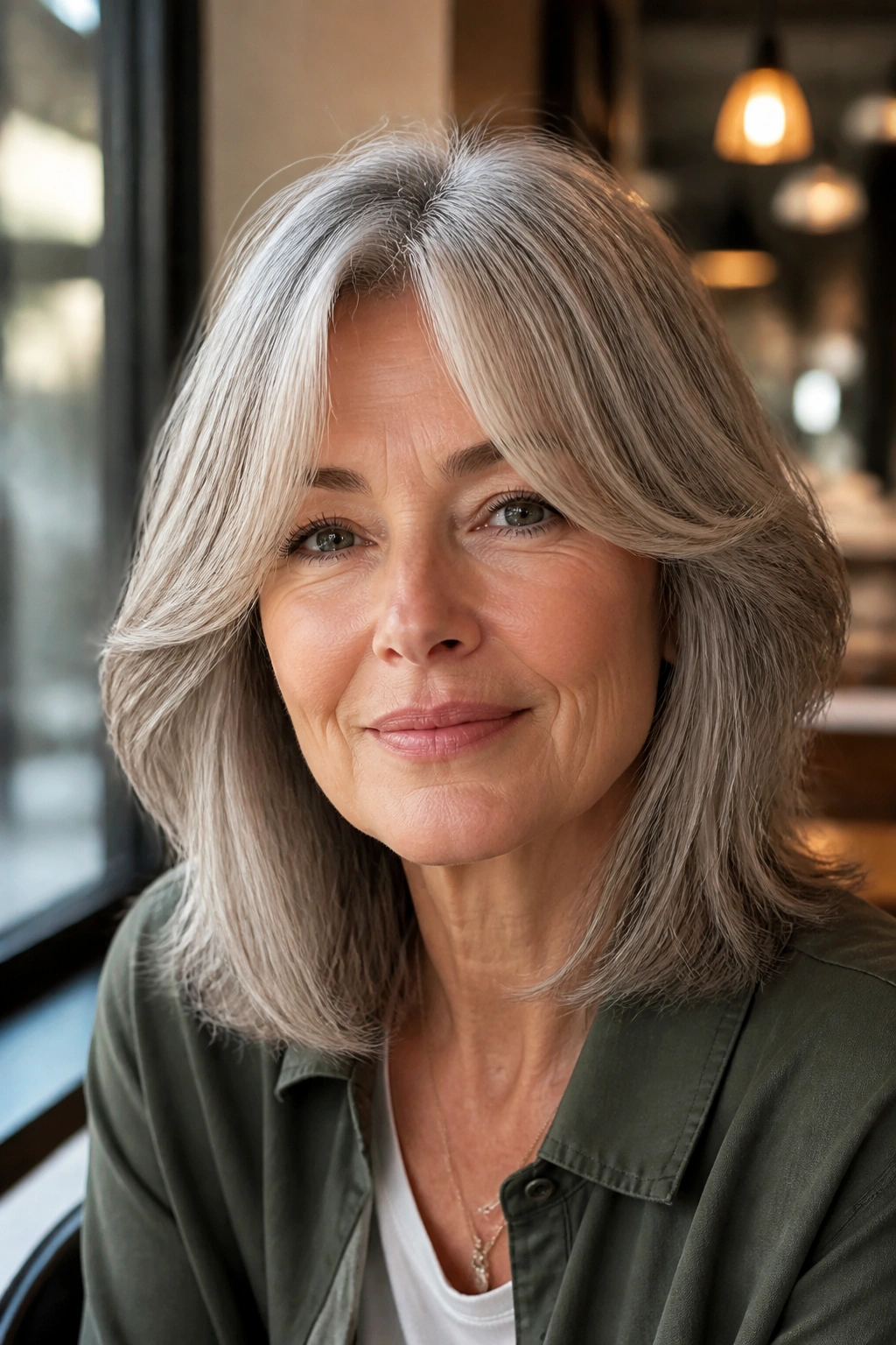 Real woman with grey curtain bangs blending into mid-length hair.