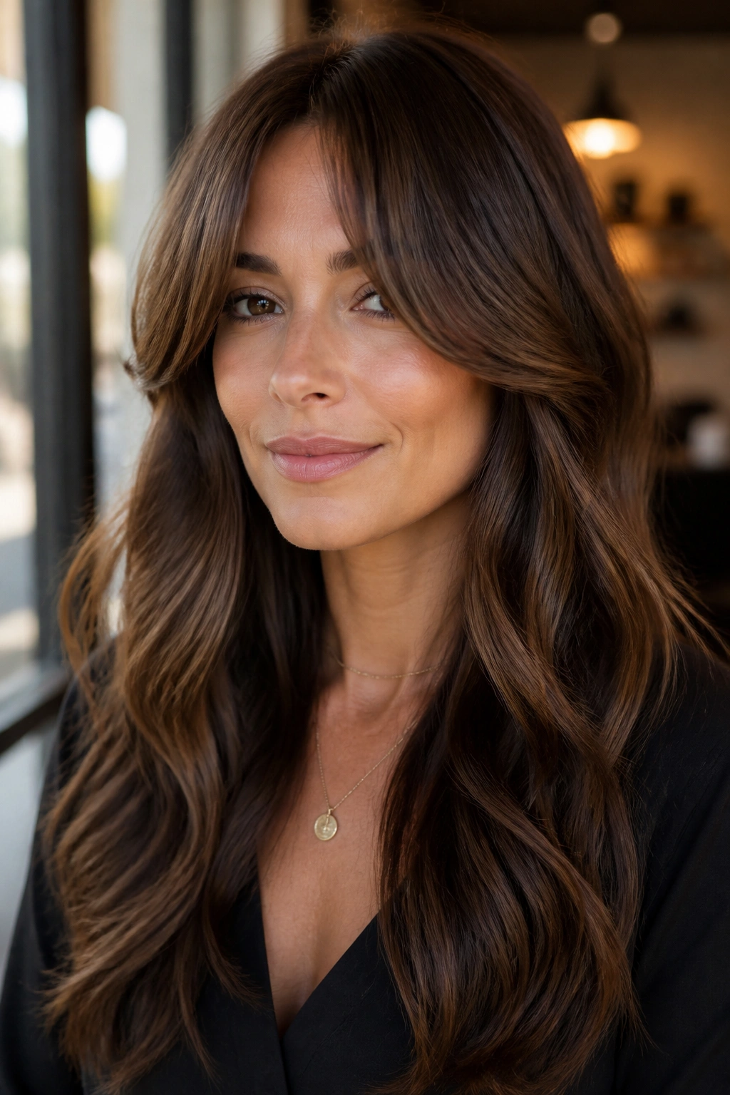Close-up of a real woman with curtain bangs and mocha waves on brunette hair