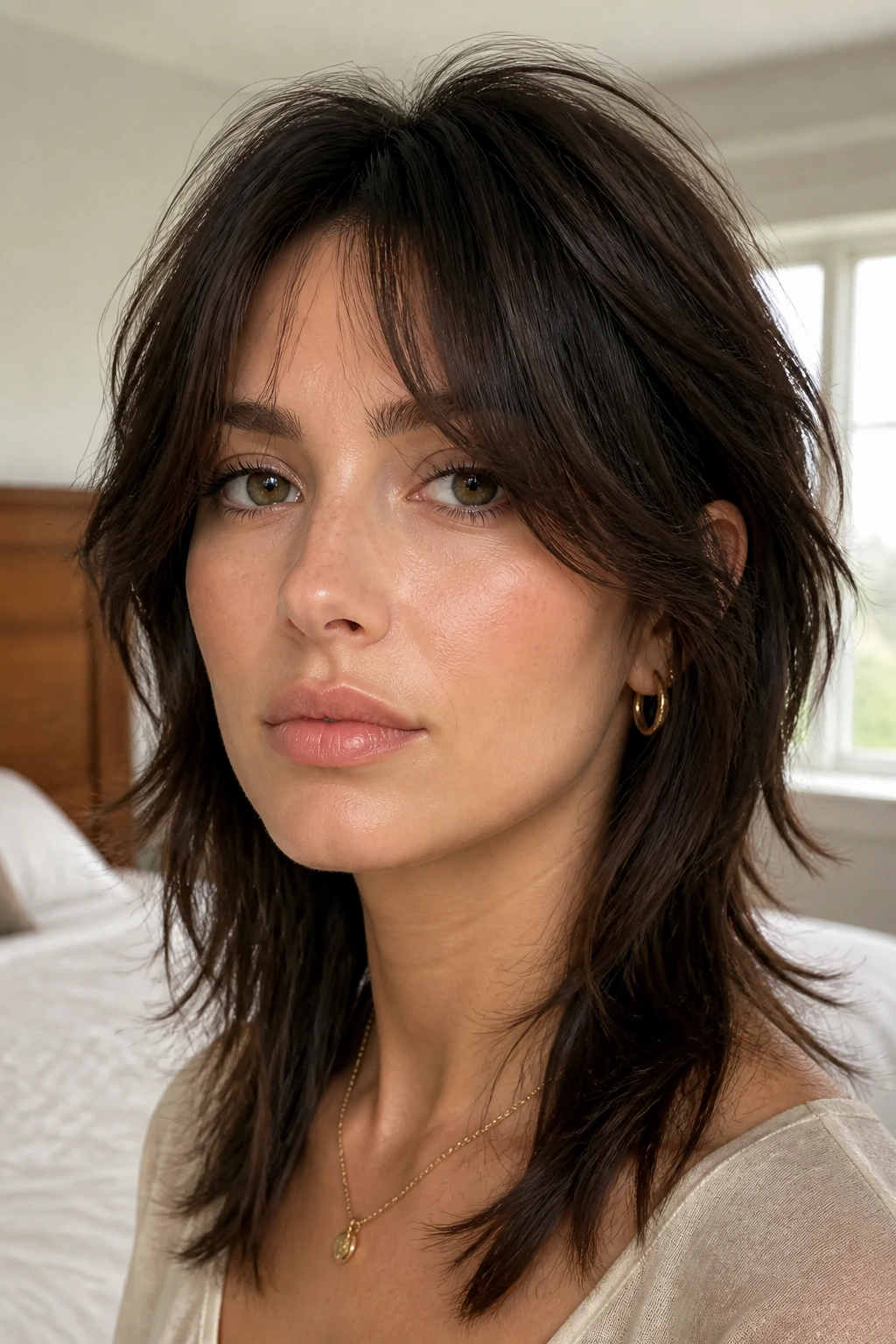Close-up portrait of a woman with curtain bangs and mullet framing her face