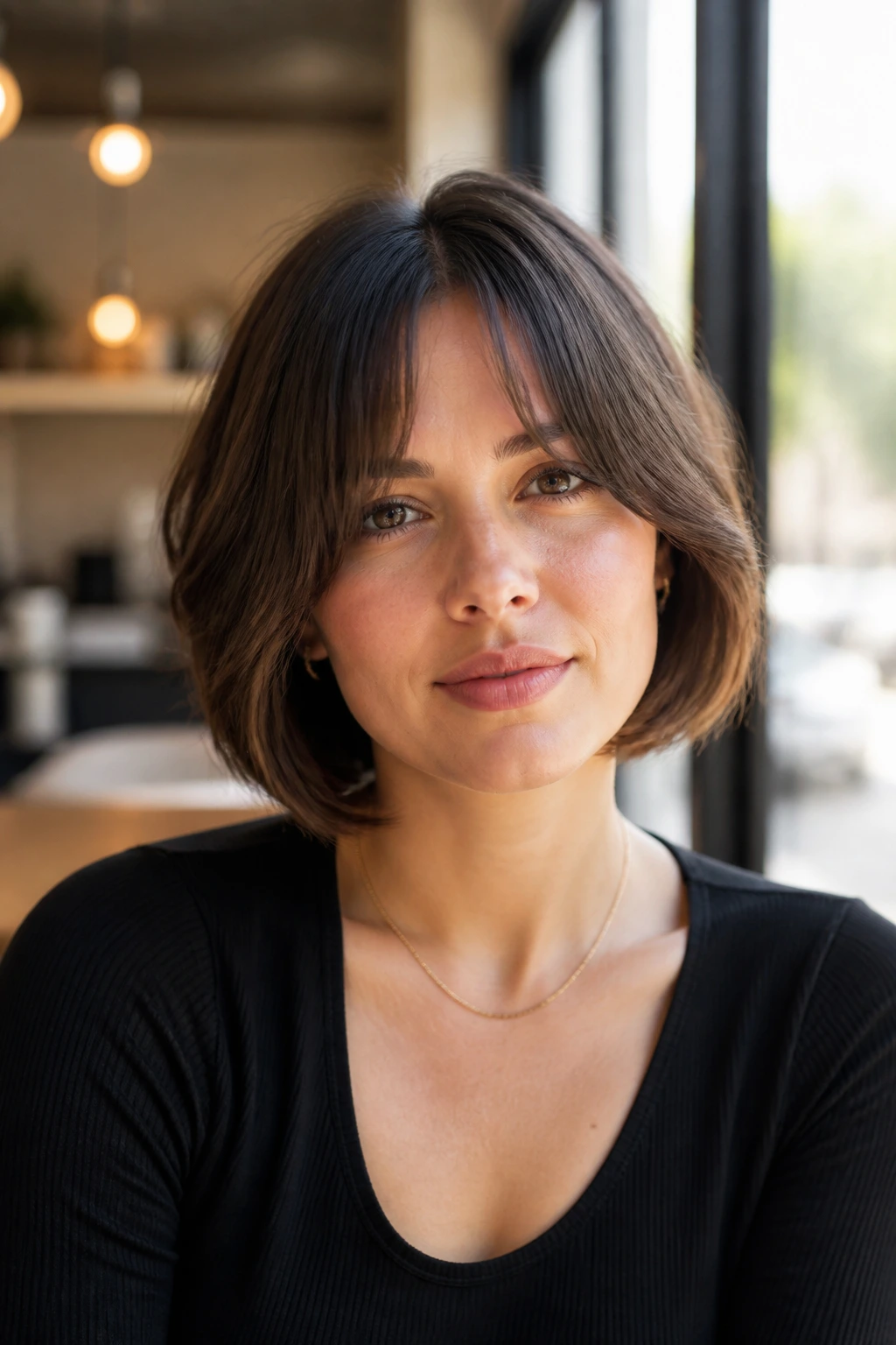Portrait of a real woman with curtain bangs and open sides in a bob.