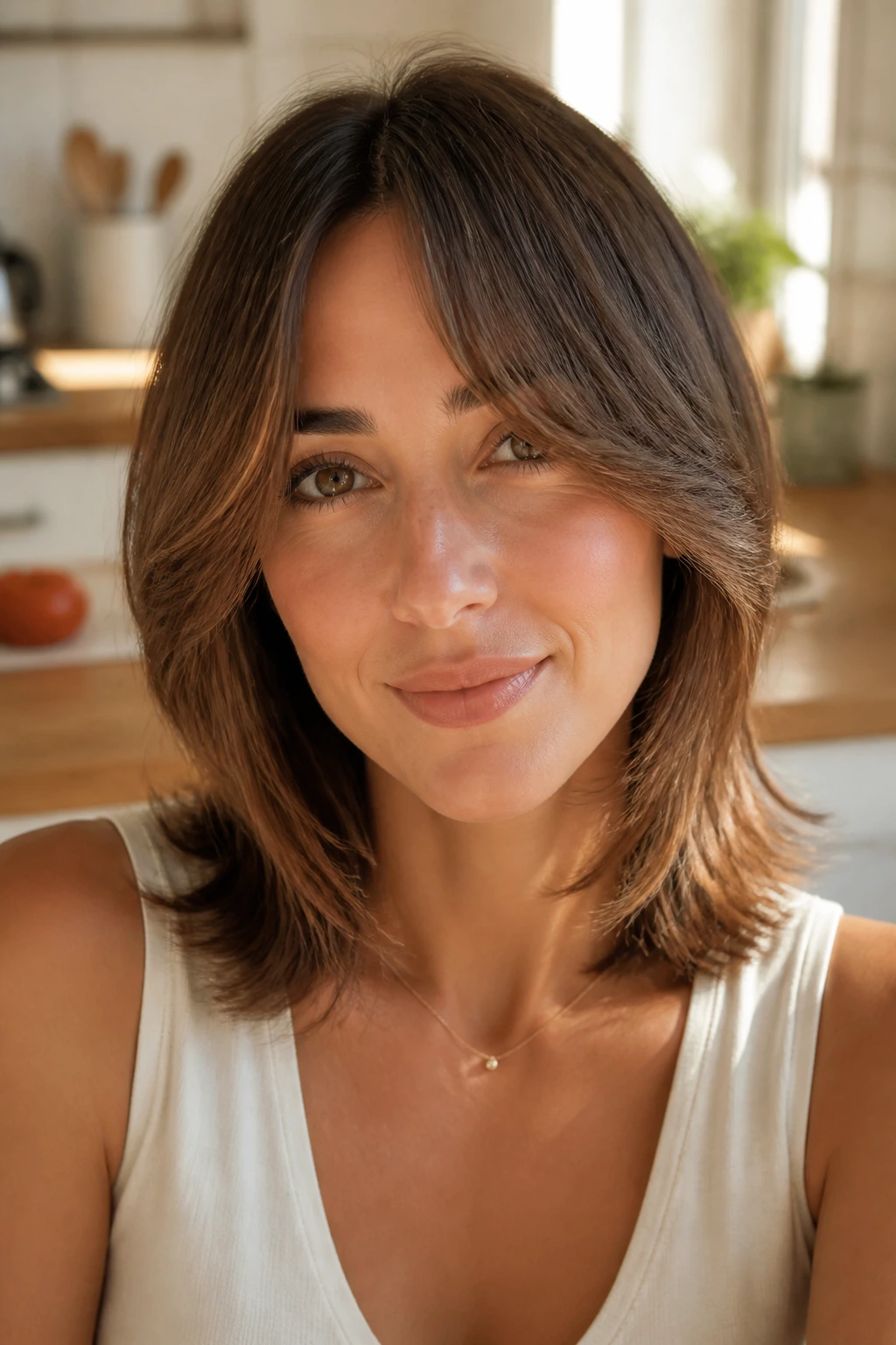 Portrait of a person with cheekbone-length curtain bangs for an oval face